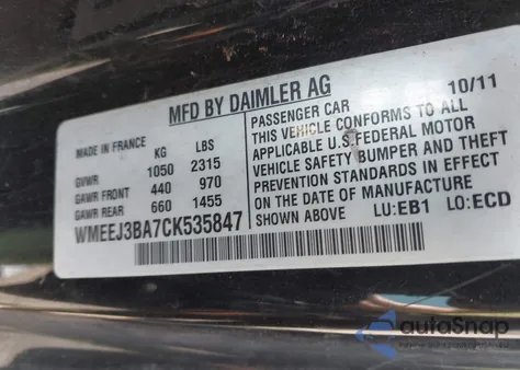 2012 Smart Fortwo Pure/Passion from USA, damaged, VIN WMEEJ3BA7CK535847